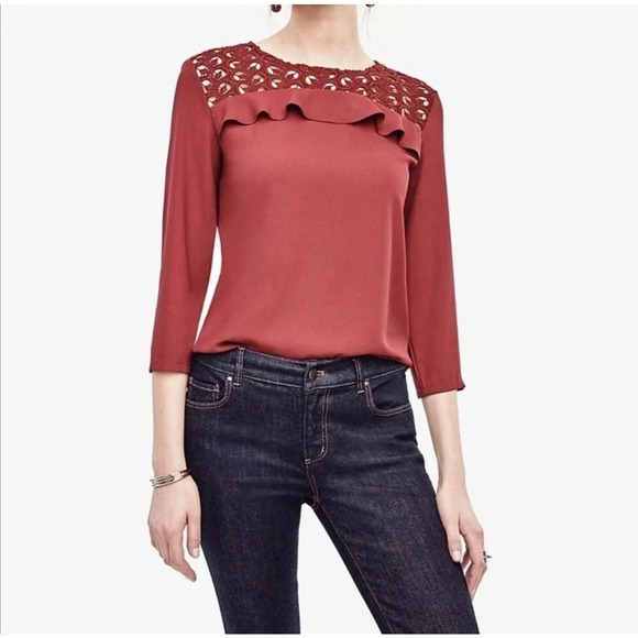 Ann Taylor Women's Keyhole Ruffle Blouse Size Medium Rust Color - Picture 1 of 8